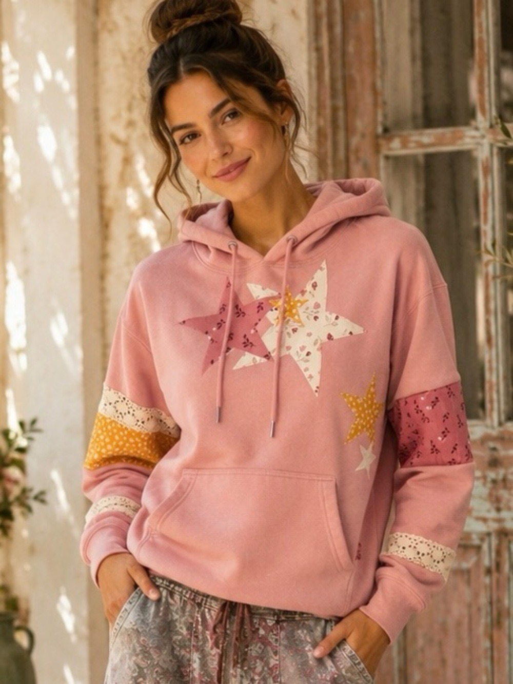 Upcycled Pink Patchwork Star Appliqué Hoodie Small Boho Cottagecore